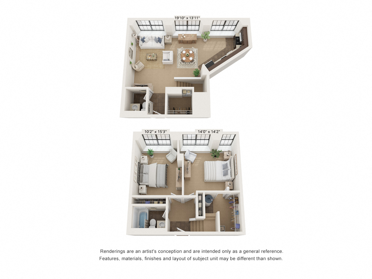 Floor plan for 2 beds, 1.5 baths, 1256 sqft
